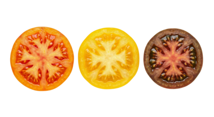 Three Sliced Tomatoes: Red, Yellow, and Purple Heirloom Varieties on White Background