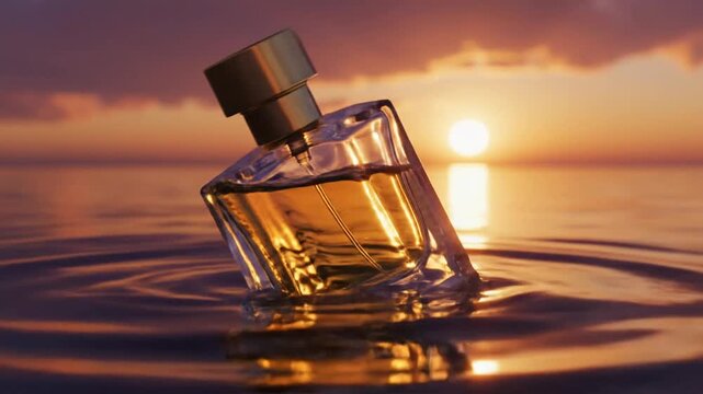 Glass Bottle of Perfume on Water During Sunset - 3D Illustration 4K 10s