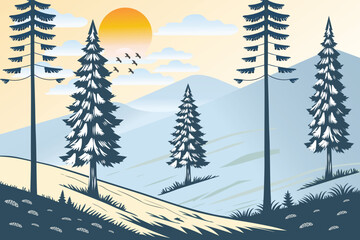 Winter Landscape with Snow-Covered Hills, Pine Trees sunrise and birds. Nature background for Christmas or New Year. Peaceful wintertime scene.