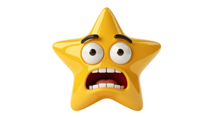A bright yellow cartoon star character showing a very scared or surprised expression with wide open eyes and open mouth against a dark studio backgrou