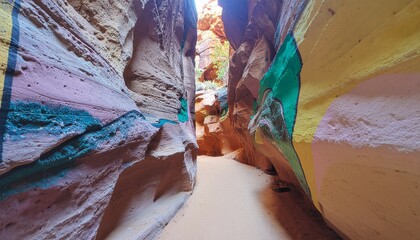 Vibrant sandstone slot canyon walls with sandy floor, natural geological formations