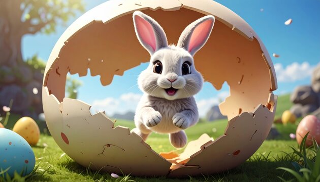 Adorable Easter bunny emerging from a cracked eggshell in a sunny meadow. - Powered by Adobe