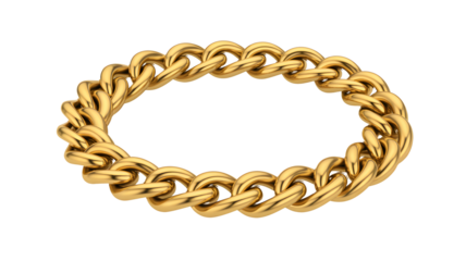 A luxurious polished gold chain forms an elegant oval loop isolated on a dark black background with strong lighting