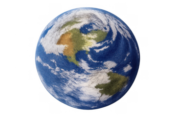 Earth planet with north and south america visible, clouds circling over blue oceans and green land, on a transparent background