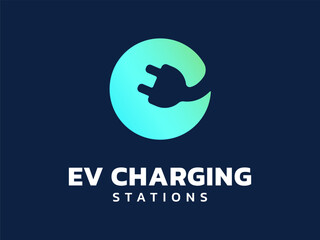 Electric vehicle charging with Letter e meaning from ev charging plug connector overlapping in circle shapes logo vector design concept. Letter e logotype symbol for Electric Car, EV station, ui, web.