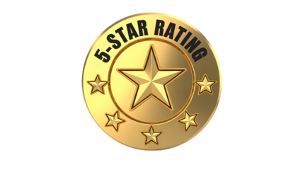 A shining golden five star rating badge or medal isolated on a dark background illustrating premium quality excellent service and customer satisfactio