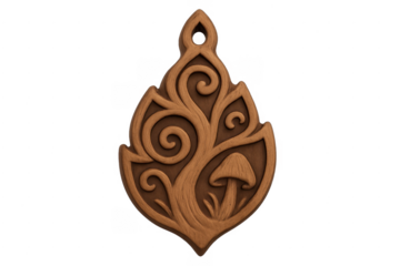 Wooden carved nature pendant featuring tree of life and mushroom