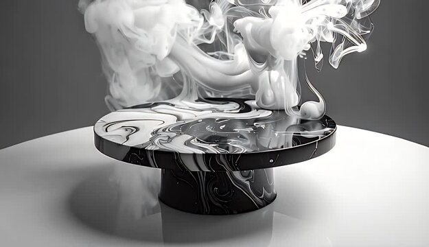 Abstract White Smoke Plumes Erupting from a Black and White Marbled Pedestal Against a Gray Background with Soft
