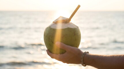 Man holding a fresh young coconut with a bamboo straw against a shimmering ocean background during sunset for tropical vacation or refreshing drink concept.