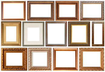 Set of picture frames isolated on white background antique carved gold