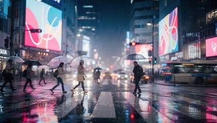 People with umbrellas crossing a wet city street at night, illuminated by neon lights and reflections on the pavement during rainfall.