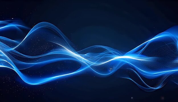 Abstract Blue Waves Of Light Particles Flowing On Dark Blue Background With Subtle Glow And Shine