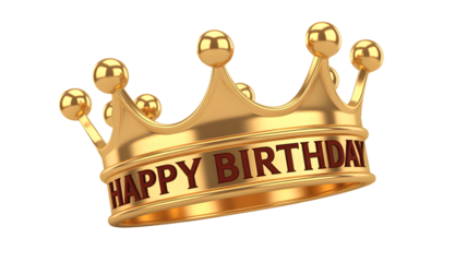 A magnificent three dimensional golden crown featuring polished spherical accents gleams brilliantly against a stark black background The words Happy 