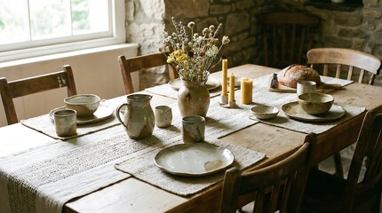 Rustic dining table set with ceramic earthenware and dried flowers, perfect for a cozy farmhouse or country home decor.