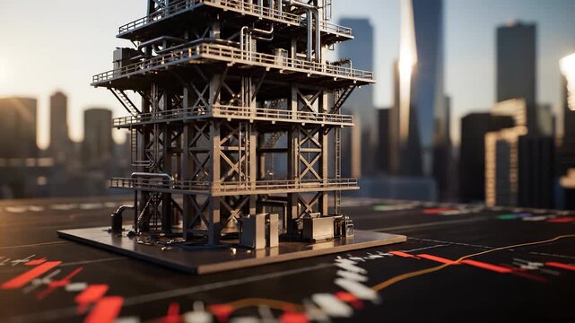 Model platform rig structure on market. Industrial infrastructure model sits on finance chart with investment data overlays. City skyline visible in distance. Clean concept industry market strategy.