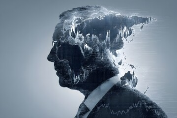 Double exposure of a business executive silhouette filled with stock market graphs and world map, fintech innovation concept, dark blue tone, copy space left
