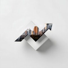 Minimal double exposure illustration of urban skyline and rising market arrows, clean white background, corporate finance branding, copy space center