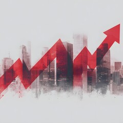 Minimal double exposure illustration of urban skyline and rising market arrows, clean white background, corporate finance branding, copy space center