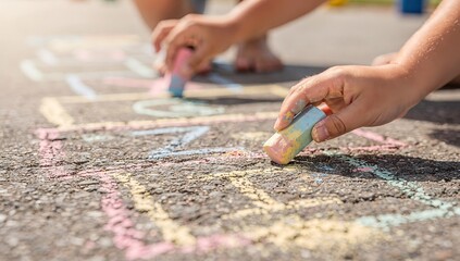 Child drawing with multicolored chalk on asphalt outdoors. Creative and fun summer activity for kid. Hands making art on ground.