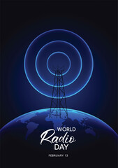 World Radio Day celebration illustration showing global broadcasting tower transmitting communication signals
