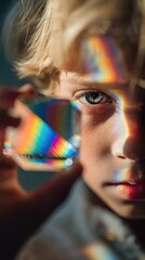 Child with Prism Creating Rainbow Light Effects on Face