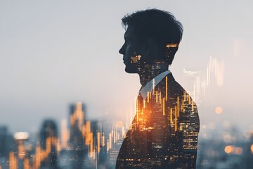 Business analyst silhouette combined with glowing data streams and charts, AI-driven decision making, professional stock photo style