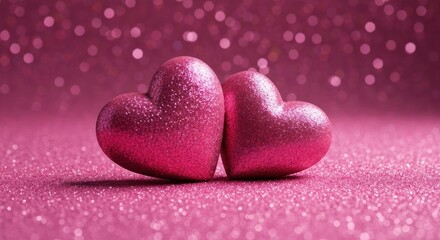 Obraz premium Two pink glitter hearts on a pink glitter background