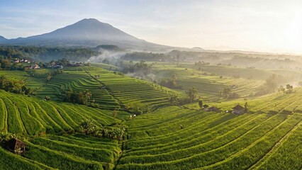Obraz premium Lush terraced rice paddies in bali, indonesia, with a majestic mountain in the background. Agriculture landscape and tropical tourism for travel brochure.