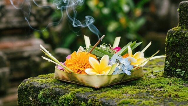 Balinese canang sari-style offering with incense and delicate flowers. Traditional spiritual ritual for meditation and prayer on Bali. Cultural tourism.