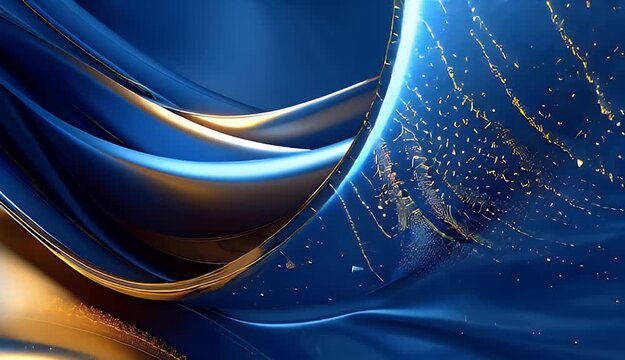 Abstract flowing ribbons of rich metallic blue and gold with subtle highlights and reflections creating a luxurious and