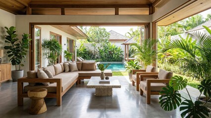 Fototapeta premium Modern living room opening to a lush tropical garden with a swimming pool. Luxury villa interior design for bali vacation and relaxation.