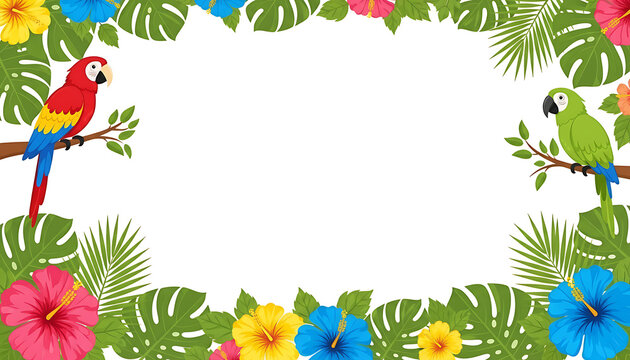 Horizontal  Tropical Floral Border Frame&ndash; Tropical Flower Parrot Design - Tropical Floral Frame with Parrot &ndash; Nature Border
