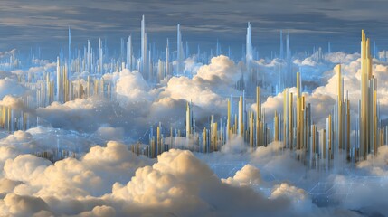 Surreal digital economy scene with floating charts and transparent skyscrapers, fintech growth visualization