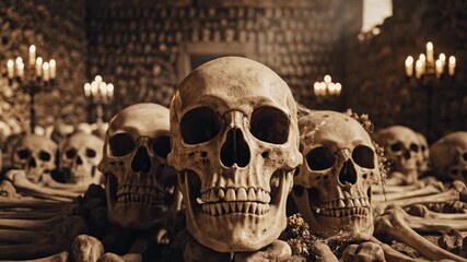 Eerie dark tourism photograph depicting ancient human skull and skeletal relic intricately arranged inside a historical subterranean ossuary bone chapel vault with dramatic lighting