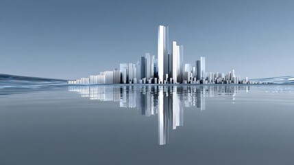 Surreal digital economy scene with floating charts and transparent skyscrapers, fintech growth visualization