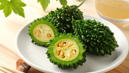 Green spiky gourds, one sliced, on a plate, with drink and leaves