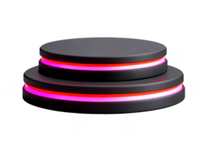 Two tiered black podium showcases vibrant pink and orange neon glow on transparent background