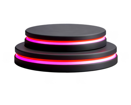 Two tiered black podium showcases vibrant pink and orange neon glow on transparent background - Powered by Adobe