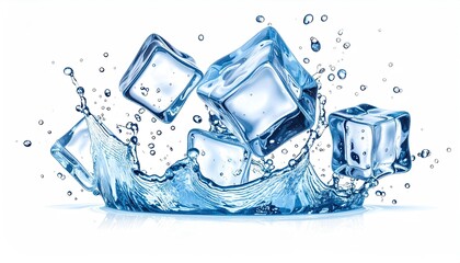 Five ice cubes splash into water, creating droplets and a wave
