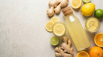Ginger lemon drink in bottle and glass with citrus fruit and root on a textured background. Healthy detox beverage concept for wellbeing.