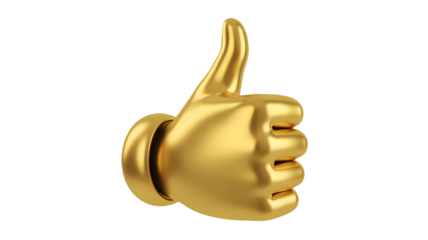 Shiny golden thumb up hand gesture symbolizing approval and success isolated on a black background with elegant reflections