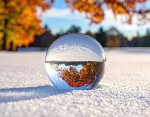 A crystal ball reflects fall foliage and snow on a sunny winter day