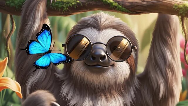 Cute Sloth Wearing Sunglasses Illustration 4K 10s