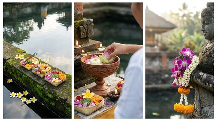 Set of three images showing balinese offerings, including canang sari on mossy wall by water, woman placing lotus, and stone statue with flower garland