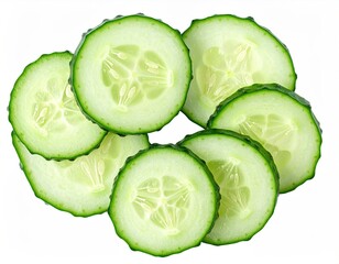 Freshly sliced, green cucumber pieces arranged on a white background