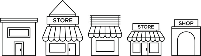 Simple shop and store building line icons set with storefront facades isolated on white background vector illustration © Sarmen Creative
