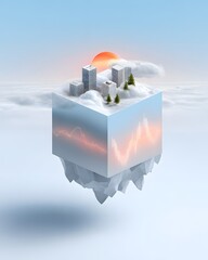 Surreal business growth visualization with floating skyscrapers and glowing metrics