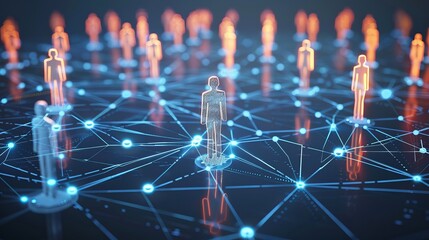 Abstract network of glowing silhouettes illustrating digital connections in dark blue and orange