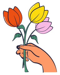 Hand holding tulip bouguets. Floral springtime hand drawn illustration.