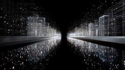 Surreal transparent city made of data grids and glowing nodes, smart economy visualization